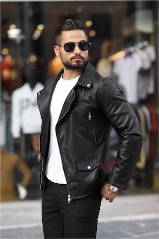 Prifaldi Erkek Biker Kemerli Deri Ceket Siyah
