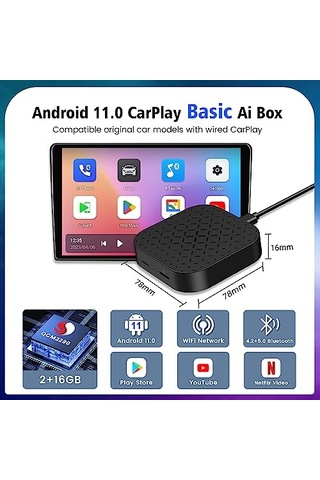 Carlinkit Ai Box Android 11, Kablosuz/wireless Carplay & Android Auto, Google Playstore, Netflix, Youtube Destekli Andro