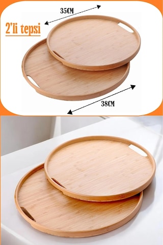 2'li Bambu Tepsi Seti, İnce Tasarım Özel Üretim Yuvarlak 2'li Bambu Tepsi Seti 35x35 & 38x38 Açık Bej