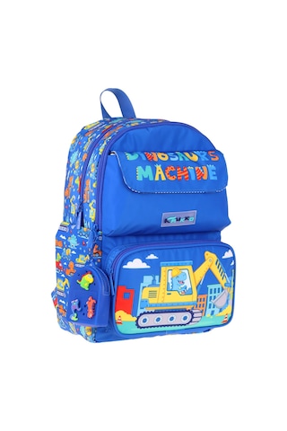 Kaukko Kids Erkek Çocuk Dinazor Ve İş Makinesi Baskılı Okul Çantası - Mavi - Sarı - Mechanic - L5369 Çok Renkli
