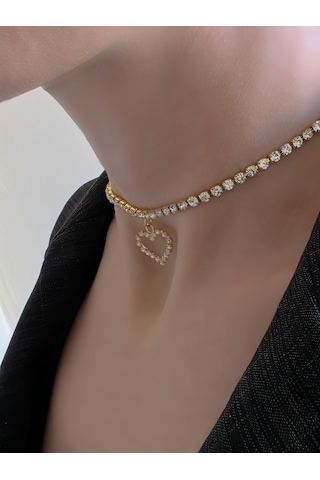 Tek Sıralı Kalp Figürlü Kristal Taşlı Choker Tasma Silver Gold Kolye Altın