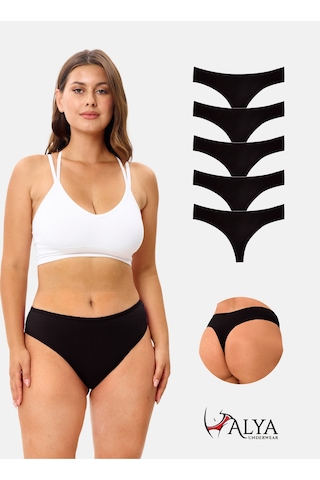 Alya Underwear Kadın Bato Tanga Pamuklu Külot, Büyük Beden String, 5'li Paket- 2 Siyah, 1 Beyaz, 2 Ten Siyah P06