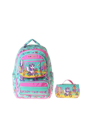 Kaukko Kids Cat Bike Yeşil - Pembe Kız Çocuk İlkokul Sırt Çantası Ve Kalem Çantası Seti - Setkk-l5328c Çok Renkli