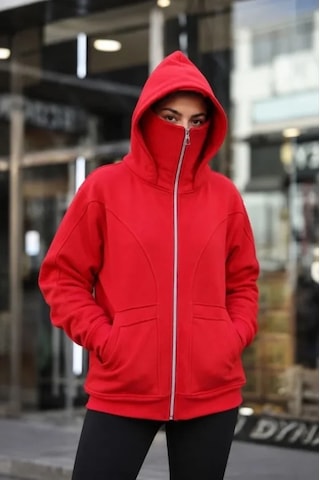 DefyModa Maskeli Ninja Model Çift Kapüşonlu 3 İplik Şardonlu Fermuarlı Oversize Sweatshirt - Kırmızı