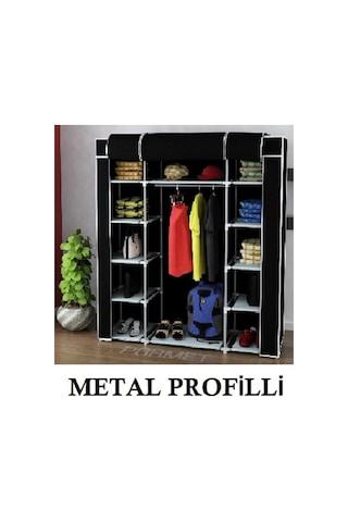 Beyazpazar Metal Profilli Bez Dolap 12 Raflı+Askılıklı Bez Dolap Siyah