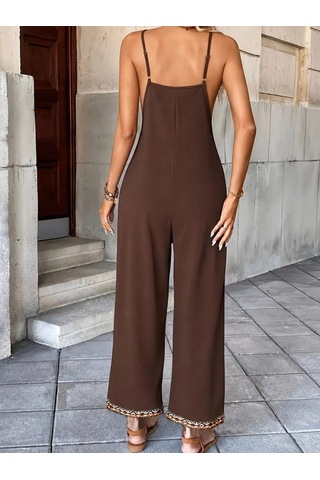 Defymoda Kadın Ip Askılı V Yakalı Etnik Serit Desenli Cep Detaylı Janjan Krep Tulum Kahve