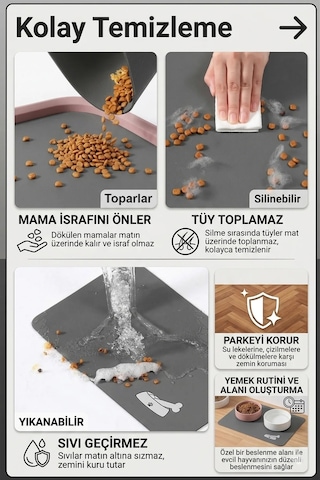 MAtGo Pati Evcil Hayvan Beslenme Matı Kemik Figürlü Su Geçirmez Kaymaz Gri Kedi Köpek Mama Paspası 50 x 70 CM