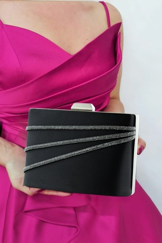 Erkan Saçmacı Siyah Saten Taşlı Gümüş Metal Saplı Zincir Askılı Abiye Çanta Siyah