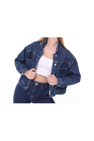 7007-dgml Kadın Düğmeli Jeans Denim Kot Ceket Mavi