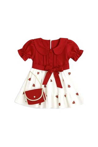 Çantalı Çiçekli Kız Çocuk Elbise Kırmızı