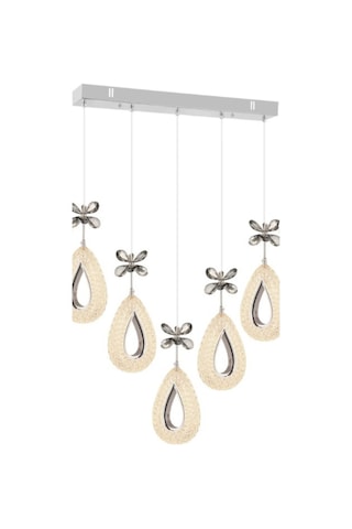 Damla 5 Li Gümüş Yemek Masası Üstü 3 Renk Ledli Kumandalı Modern Sarkıt Led Avize
