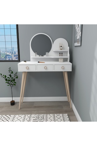 Arnetti Ruges Aynalı Makyaj Masası Ahşap Ayaklı Beyaz