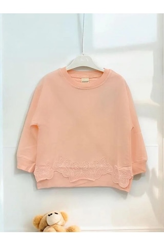 Kız Çocuk Kelebek İşlemeli Sweatshirt-14229 Pudra
