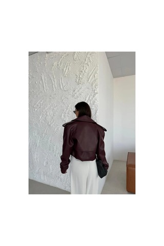 Candybia Kadın Premium Trend Luxury Bordo Suni Deri Tasarım Biker Ceket Bordo Bordo