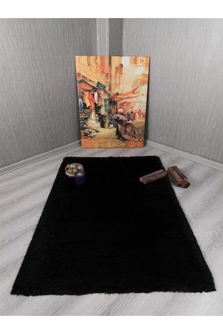 Dekoratif Tavşan Tüyü Ultra Yumuşak Peluş Kaymaz Halı Yolluk Siyah