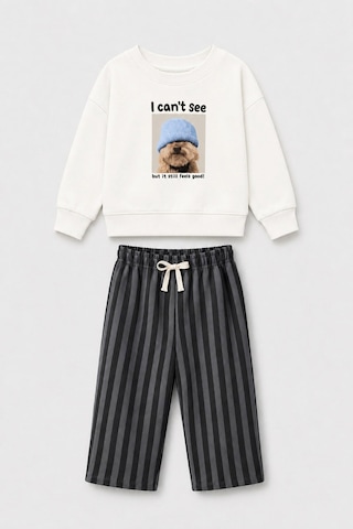 Monila Unisex Çocuk Ekru Köpek Baskılı Sweatshirt Ve Antrasit Çizgili Eşofman Alt Üst Takım