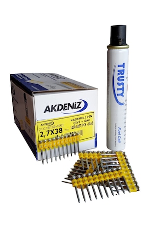 Akdeniz 2.7 x 38 MM Metal-Beton Pin Düz Çivi 1000 Adet + 1 Gaz