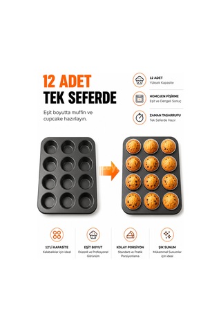12'li Yapışmaz Muffin Kek Kalıbı Cupcake, Mini Tart Ve Tuzlu Atıştırmalık Pişirme Tepsisi Siyah