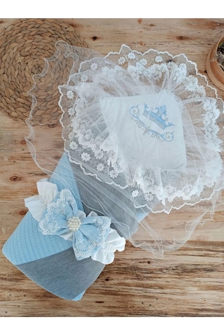 Yenidoğan Teri Cotton Taç Nakışlı Prizma Taş Kundak Bebek Battaniyesi Mavi