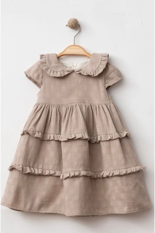 Baby Corner Bebe Yaka Fırfırlı Kız Bebek Elbise Kahverengi