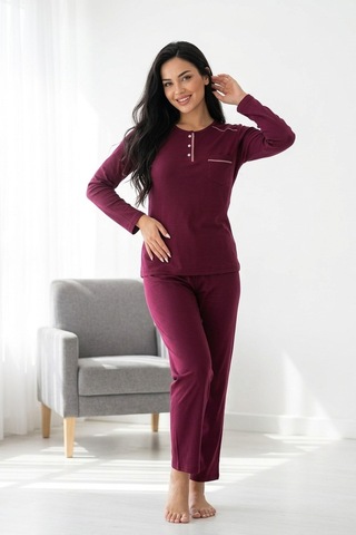 Mataş Kadın Pamuklu Uzun Kollu Üç Düğmeli Biyeli Soft Örme Yumuşak Pijama Takımı Mor