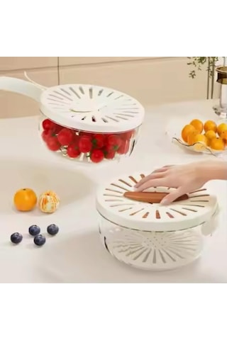 Gajeena Küçük Beyaz Çift İşlevli Sebze-meyve Yıkama Süzgeci: Kapaklı, Katlanabilir Kollü, Buzdolabı Saklama, Mutfak Gereci Beyaz