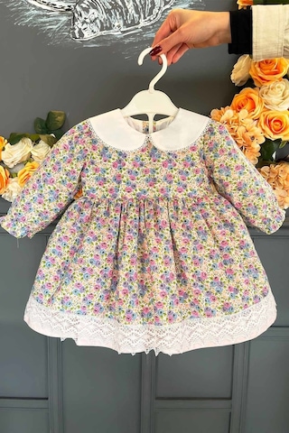 Rokoko Çiçek Desenli Kız Çocuk Bebek Dantelli Renkli Pamuk Elbise 001