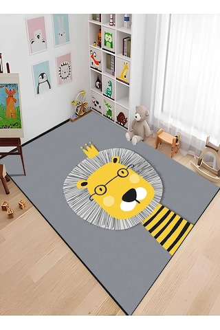 Gri Aslan Figürlü Çocuk Odası Halısı Gri
