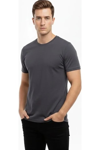 Etiler Collection Erkek T-shirt Bisiklet Yaka Slim Fit Dar Kesim Likralı Tişört Günlük Basic Body - Füme