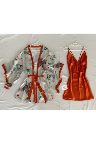 Mh Moony Homewears Orange Botanic Saten Gecelik Sabahlık Seti Beyaz Yeşil Ve Turuncu Tonları