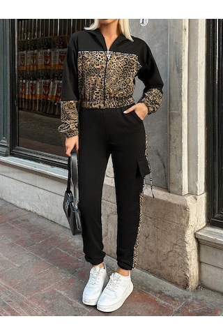 S-pazarım Kadın Uzun Kollu Kapşonlu Leopar Desenli Viskon Iki Iplik Bluz Ve Pantolon Ikili Takım Siyah