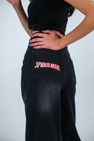 Paradise Spider Nakışlı Baggy Jean Siyah Çok Renkli