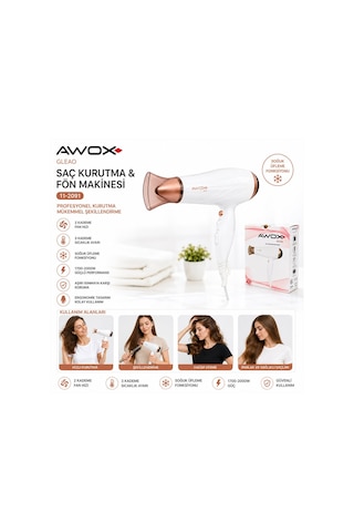 Awox Gleao Saç Kurutma Ve Fön Makinesi 1700-2000w 2 Kademe Fan 3 Kademe Sıcaklık Beyaz Soğuk Üfleme