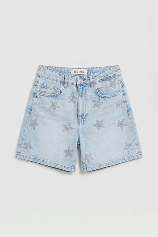 it's basic Kadın Kot Rengi T-4s6-3 Mom Fit Midi Boy Parlak Yıldız Taşlı Özel Tasarım Denim Şort Kot Renk