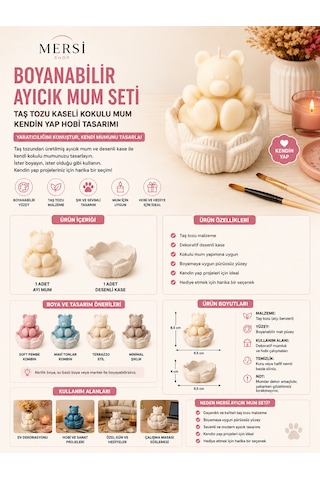 Boyanabilir Ayıcık Mum Seti Taş Tozu Kaseli Kokulu Mum Kendin Yap Hobi Tasarımı Beyaz