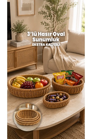 3'lü Oval Hasır Sunumluk Sepet Badya Leğen Tabak Kase - Masaüstü Organizer Rattan Sunum Meyvelik - Ekstra Kaliteli Çelik Rattan
