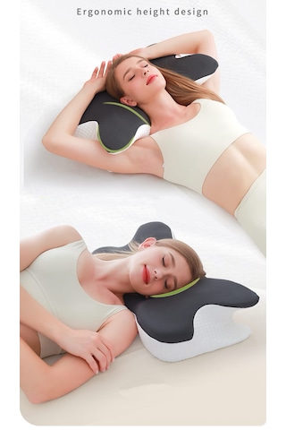 Shufa Kelebek Tasarımlı Ortopedik Boyun Destek Yastığı Yavaş Yükselen Memory Foam Ergonomik Uyku Yastığı Beyaz - Gri