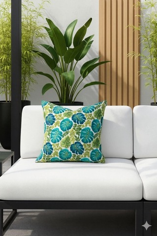 Tropik Monstera Desenli 45x45 Petek Kumaş Kırlent Kılıfı Çok Renkli