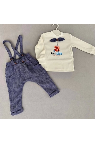 Alfa Expres 9-12-18 Ay Papyonlu Sweat Kot Pantolon 2li Erkek Bebek Salopet Takımı Lacivert Lacivert