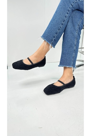 Günlük Kadın Babet Peluş Lastikli Oval Burunlu Alçak Topuklu Tırtıklı Tabanlı Ayakkabı 369 Siyah