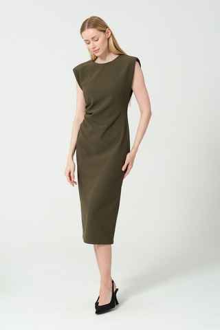 Arka Yırtmaç Detaylı Bel Büzgülü Elbise Haki
