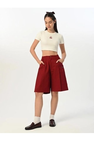 Zekids Kız Çocuk Fitilli Crop Kapri Şort T-shirt Tasarım Takım-15524 Bordo