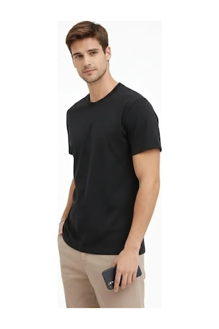 Vexor Erkek Bisiklet Yaka Tişört Regular Kalıp Basic Pamuklu Günlük Kullanım T-shirt - Siyah