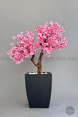 Biçiçek Yapay Pembe Sakura Ağacı 100 Cm Bahar Dalı Antresi̇t Kare Saksıda