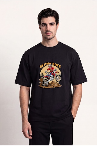 Black Nova Oversize Baskılı Unisex %100 Pamuk T-shirt Dx Biker Siyah