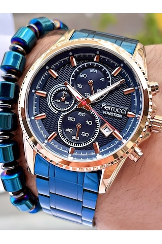 Ferrucci Lacivert Rose Gold Renk Çelik Kordon Fonksiyonlar Aktif Erkek Kol Saati + Bileklik Hediyeli Nda969
