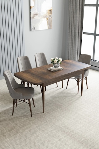 Zümra Serisi, Barok Ahşap Desen 80x132 Açılabilir Mdf Mutfak Masası Takımı 4 Adet Sandalye, Gri