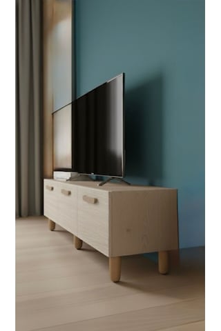 Modern Mobilya Berlin Tv Ünitesi Tv Sehpası Ayaklı Sarı Mermer Desenli 3 Kapaklı 150 Cm Beyaz