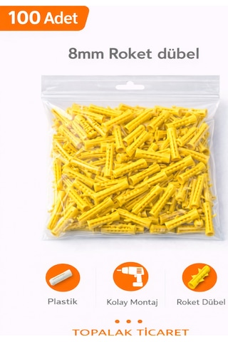 8mm Plastik Dişli Sarı Roket Dübel 100 Adet 1