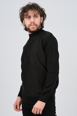 Çizgi Triko Erkek Yarım Balıkçı Çizgi Desenli Kazak 42564234 Siya Siyah